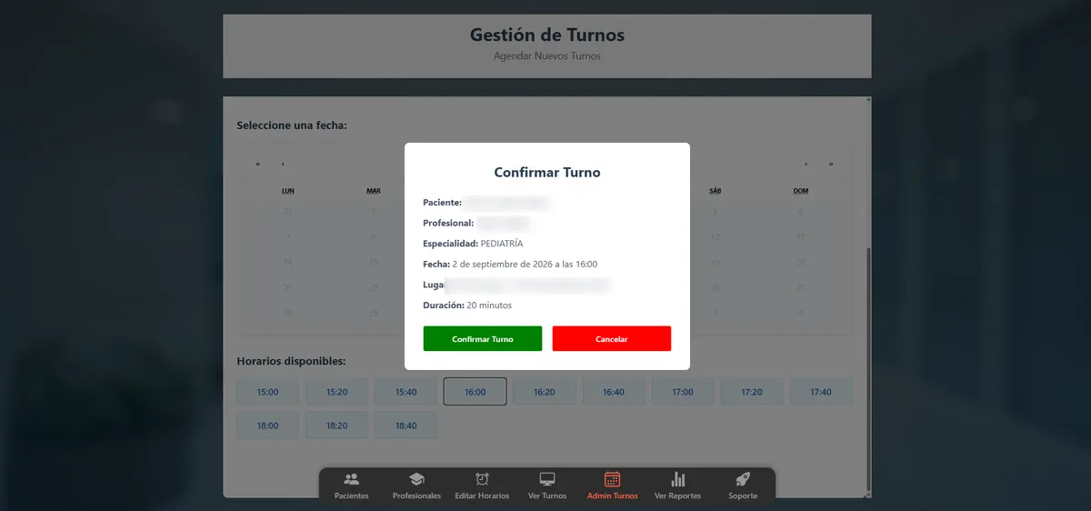 Appointment confirmation modal with date, time and duration