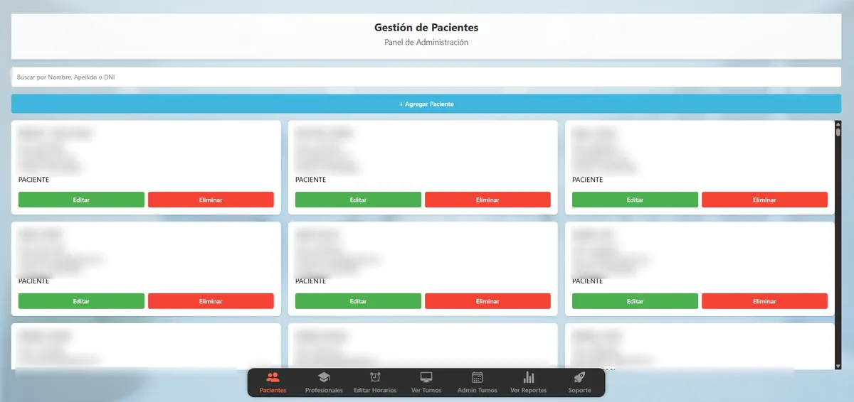 YSY Agenda patient management panel, with search and patient cards