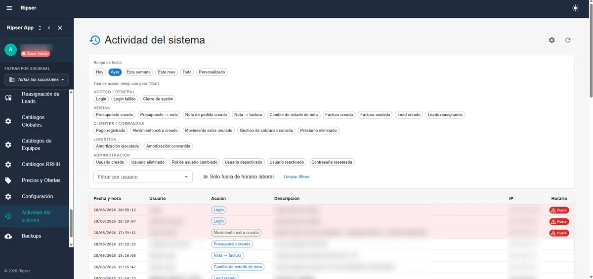 System activity log per user with IP and out-of-hours alerts
