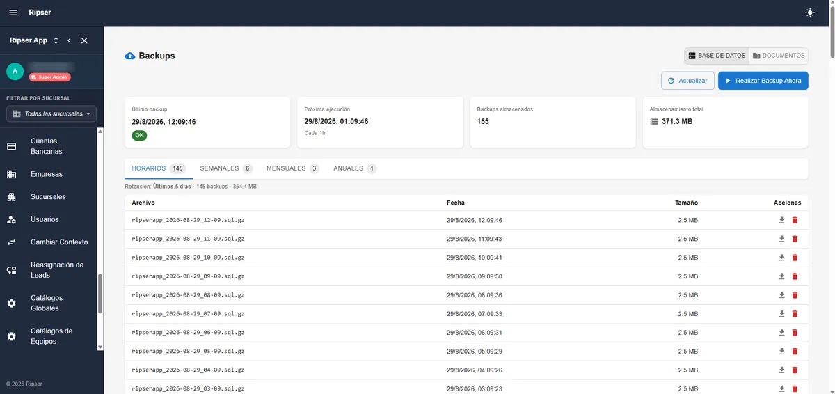 Automatic backup panel with hourly, weekly, monthly and yearly retention