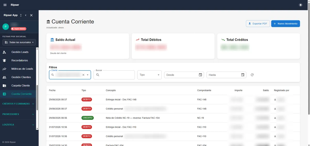 Customer current account with debits, credits and per-movement balance
