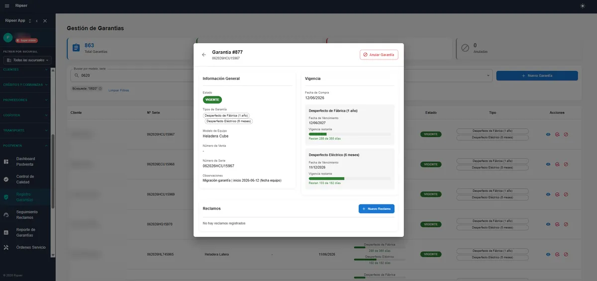 Warranty management with per-unit coverage periods and claim tracking