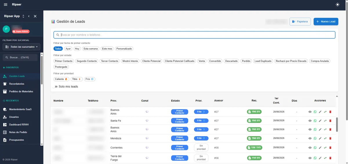 Lead management module with filters by status, priority and sales rep