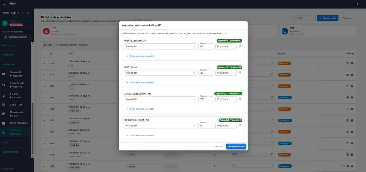 Material order split across suppliers to generate purchase orders