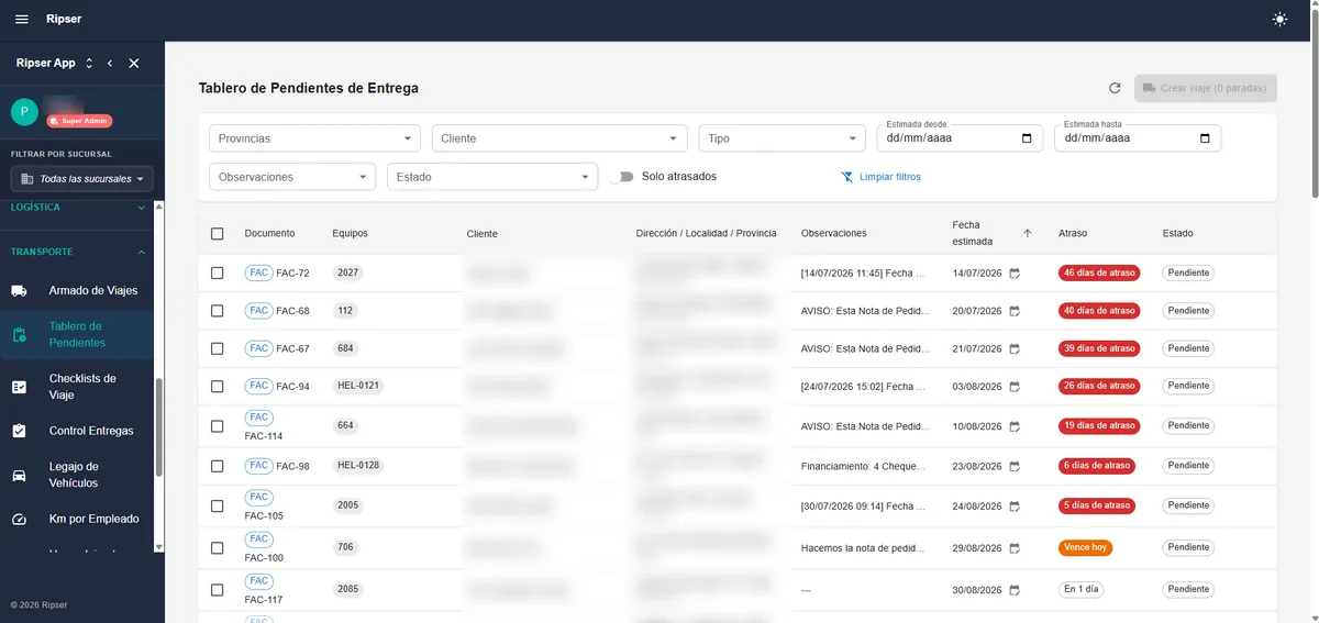 Pending deliveries board with per-shipment delay tracking