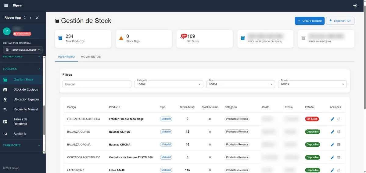 Stock management with inventory, categories and availability states